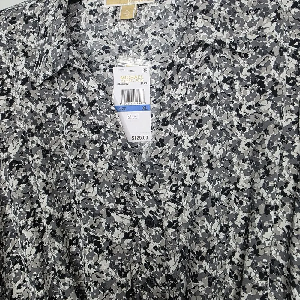 Michael Kors Womens XL Black Gray Floral V Neck Button Blouse Top Long Sleeve